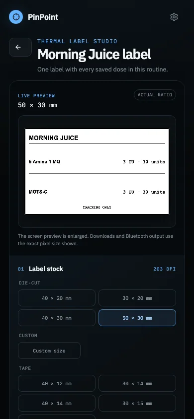 TapTraq thermal label studio previewing a compact dosing label